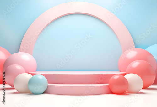 Wallpaper Mural Minimal product podium stage with multicolor pastel color balloons in geometric shape for presentation background. Abstract background and decoration scene template.generative ai. Torontodigital.ca