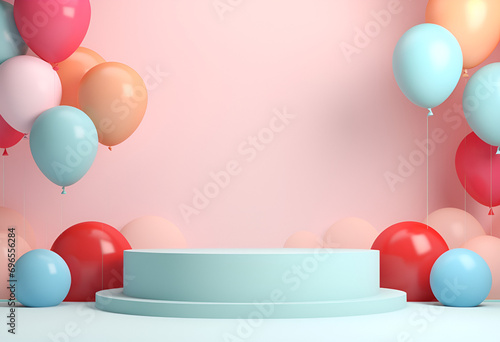 Wallpaper Mural Minimal product podium stage with multicolor pastel color balloons in geometric shape for presentation background. Abstract background and decoration scene template.generative ai. Torontodigital.ca