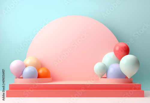 Wallpaper Mural Minimal product podium stage with multicolor pastel color balloons in geometric shape for presentation background. Abstract background and decoration scene template.generative ai. Torontodigital.ca