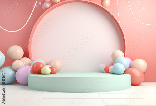 Wallpaper Mural Minimal product podium stage with multicolor pastel color balloons in geometric shape for presentation background. Abstract background and decoration scene template.generative ai. Torontodigital.ca