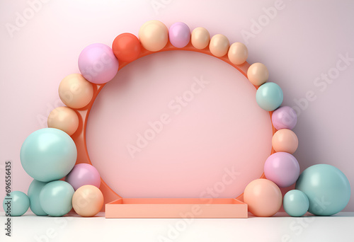 Wallpaper Mural Minimal product podium stage with multicolor pastel color balloons in geometric shape for presentation background. Abstract background and decoration scene template.generative ai. Torontodigital.ca