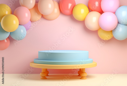 Wallpaper Mural Minimal product podium stage with multicolor pastel color balloons in geometric shape for presentation background. Abstract background and decoration scene template.generative ai. Torontodigital.ca