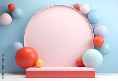 Wallpaper Mural Minimal product podium stage with multicolor pastel color balloons in geometric shape for presentation background. Abstract background and decoration scene template.generative ai. Torontodigital.ca