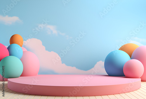 Wallpaper Mural Minimal product podium stage with multicolor pastel color balloons in geometric shape for presentation background. Abstract background and decoration scene template.generative ai. Torontodigital.ca