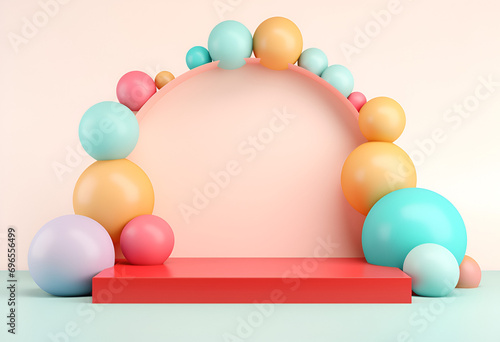 Wallpaper Mural Minimal product podium stage with multicolor pastel color balloons in geometric shape for presentation background. Abstract background and decoration scene template.generative ai. Torontodigital.ca