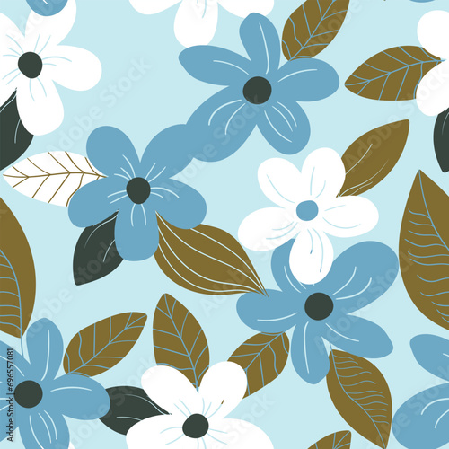 Seamless floral pattern based on traditional folk art ornaments. Art flowers on color background. Scandinavian style. Sweden nordic style. Vector illustration. Simple minimalistic pattern