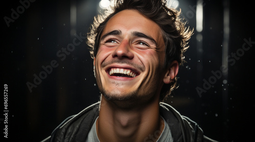 Portrait of happy male model facing camera with brilliant smile, AI Generated