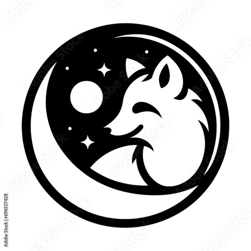 Smiling fox logo with moon and stars, black and white. Generative AI.