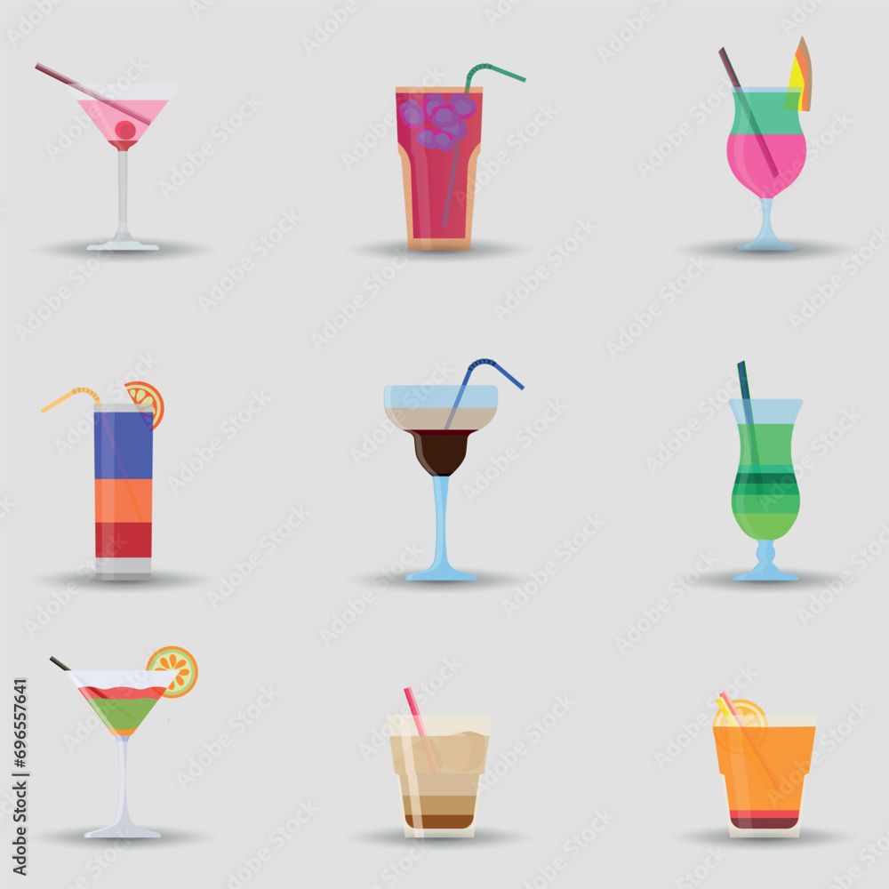 A set of cocktails on a gray background. Drinks. Color. Vector