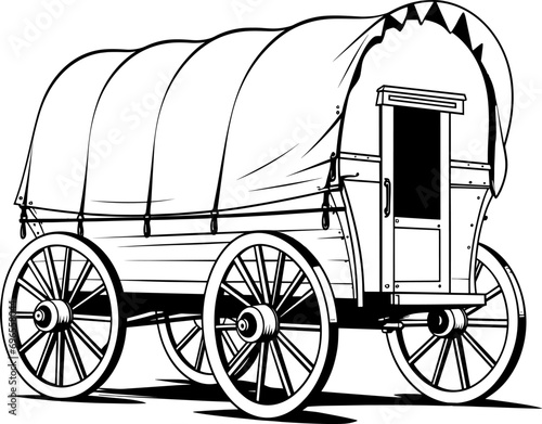 Wild west covered wagon black silhouette. Vector Western illustration isolated on white. AI generated illustration.