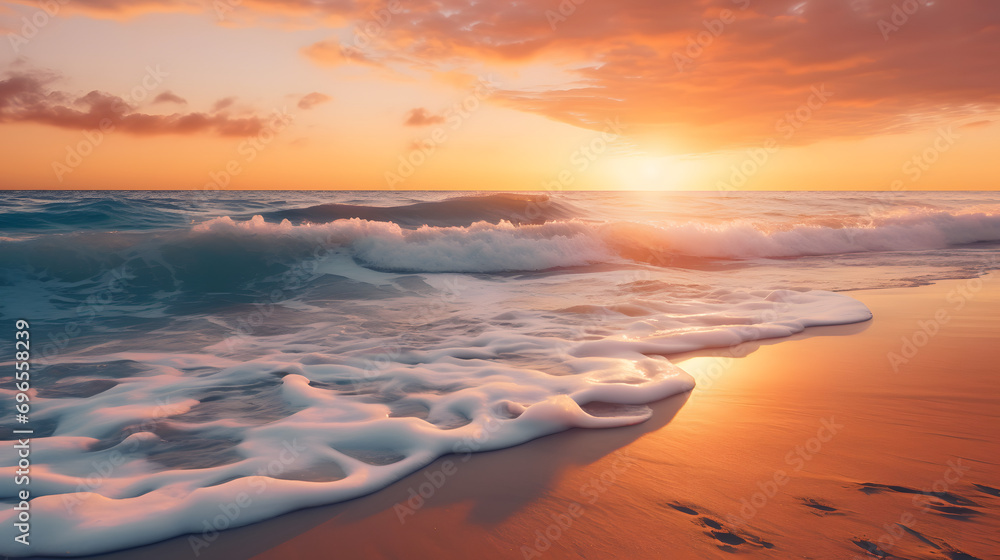 Ocean waves gently lapping at a sandy beach with a beautiful sunset.