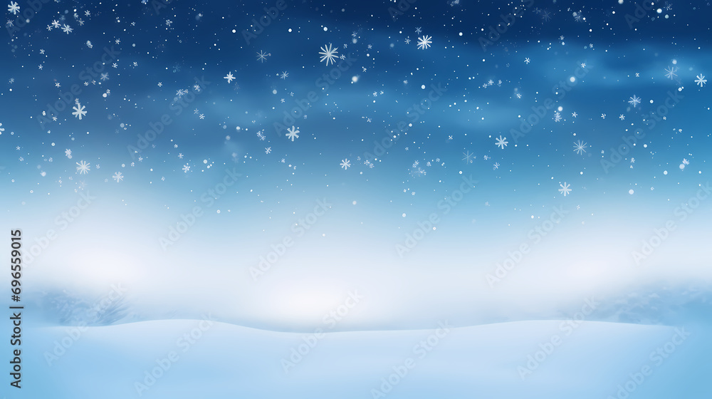 Empty panoramic winter background, Christmas blue background with snow, copy space
