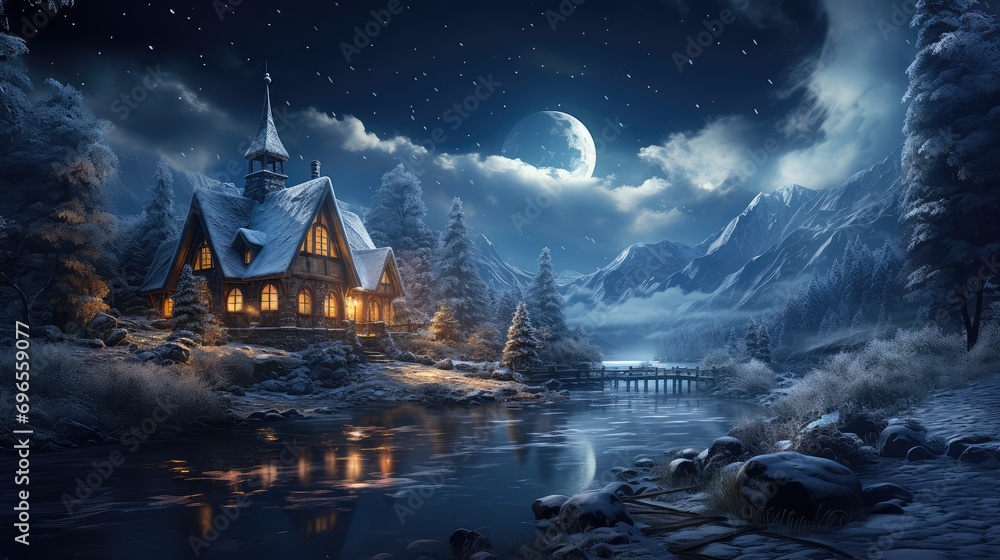 Enchanted Winter Cabin Under Starlit Sky