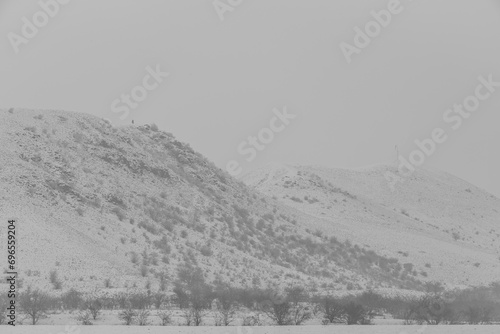 Rana hill in white storm snowy morning near Louny town and meadows photo