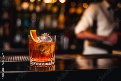Elegant glass of tasty fresh and strong whiskey drink decorated with orange peel against the night bar