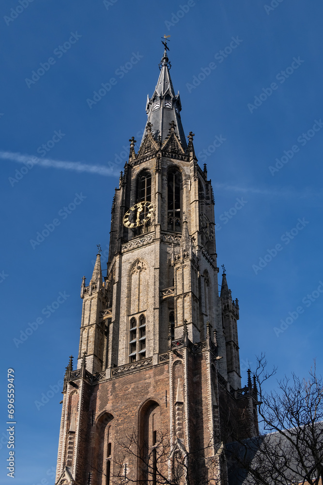 Details of XV Nieuwe Kerk (New Church, 1396 - 1496) on Market square in Delft, Holland. New Church, with 108,5 m church tower - second highest church in The Netherlands. Delft.
