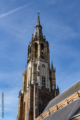 Details of XV Nieuwe Kerk (New Church, 1396 - 1496) on Market square in Delft, Holland. New Church, with 108,5 m church tower - second highest church in The Netherlands. Delft. photo