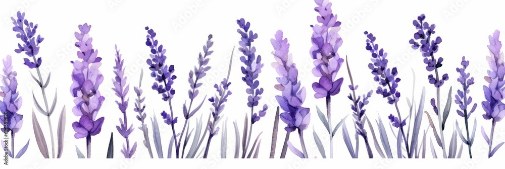 Blooming lavender bouquet isolated on white background, banner watercolor illustration Blooming lavender bouquet isolated on white background, banner watercolor illustration