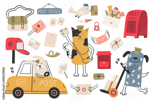 Vector set of a postman, parcel delivery man, mailboxes, and mail letters.
