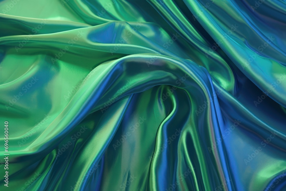 Close-up of shiny turquoise fabric. Green and blue fabric, smooth shiny silk. Hologram Metallic Foil Spandex Close-up of shiny turquoise fabric. Green and blue fabric, smooth shiny silk. Hologram Metallic Foil Spandex