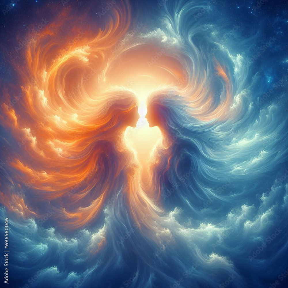 Twin flame couple. Soulmates. The concept of magical, esoteric, tantric, spiritual love. Connection between souls. Illustration for websites and much more. Created using generative ai tools - obrazy, fototapety, plakaty 