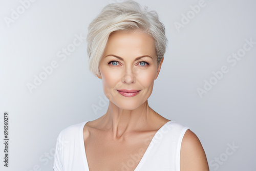 Portrait of happy senior woman looking at camera and smiling while standing against white background. gray short hair and blue eyes photo