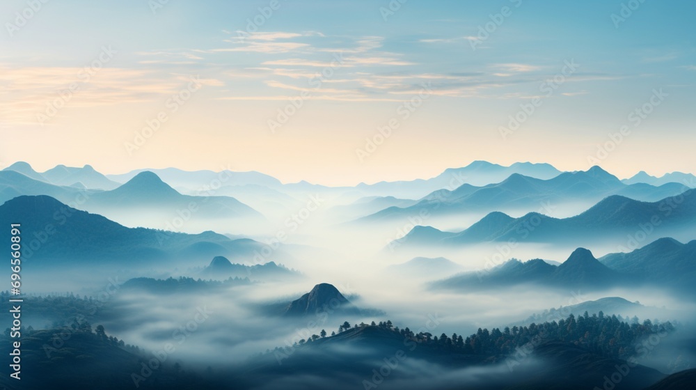 A panoramic view of a misty valley, with layers of mountains fading into the horizon