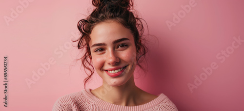 Portrait of young beautiful brunette girl with emotion of joy on her face, pretty smiling isolated on flat yellow background with copy space, banner template.