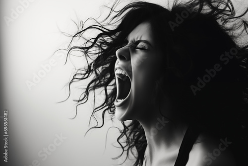 Dramatic Black and White Image of Woman Screaming, for Emotions, Mental Health, Drama Themes