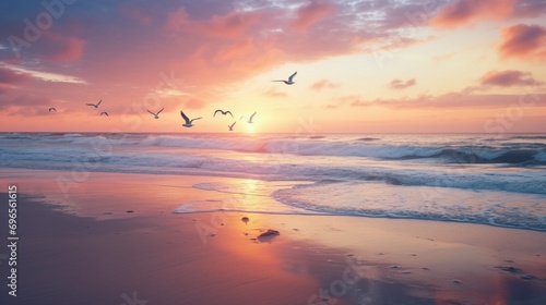 A pristine beach at sunrise, with gentle waves lapping at the shore and seagulls soaring overhead