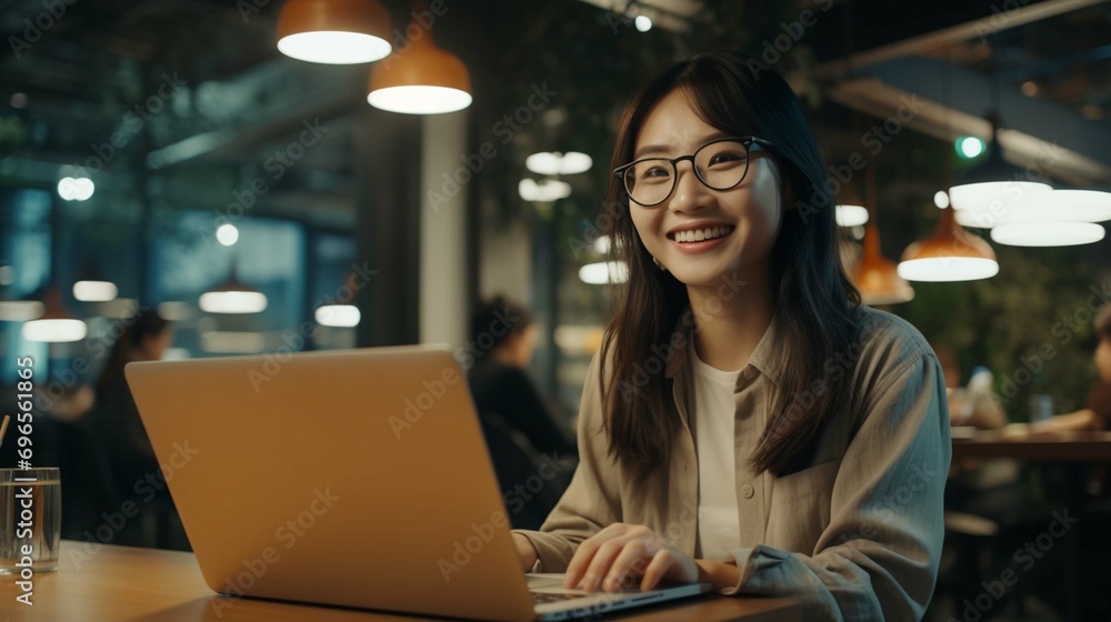Pretty cheerful Asian woman in eyeglasses and casual clothes browses laptop computer connected to 4g internet updates software uses modern technologies poses in cafeteria looks gladfully