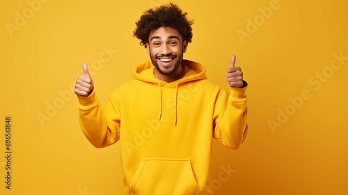 Positive emotions concept. Studio waist up of young cheerful smiling broadly Hindu guy wearing hoodie standing on left isolated on yellow background pointing at blank space for your advertisement photo