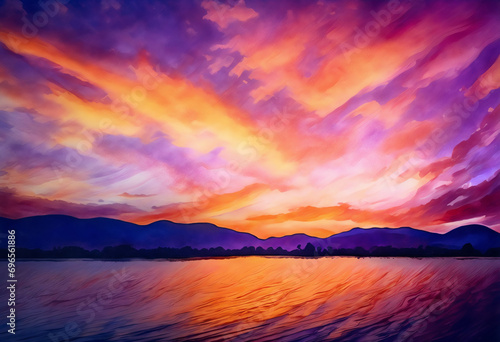 Colorful Watercolor Sunset Sky Abstract Background in Orange and Purple