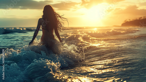 Beauty of the Ocean - a stunning young woman with a curvy body and long hair walking out of the ocean Gen AI