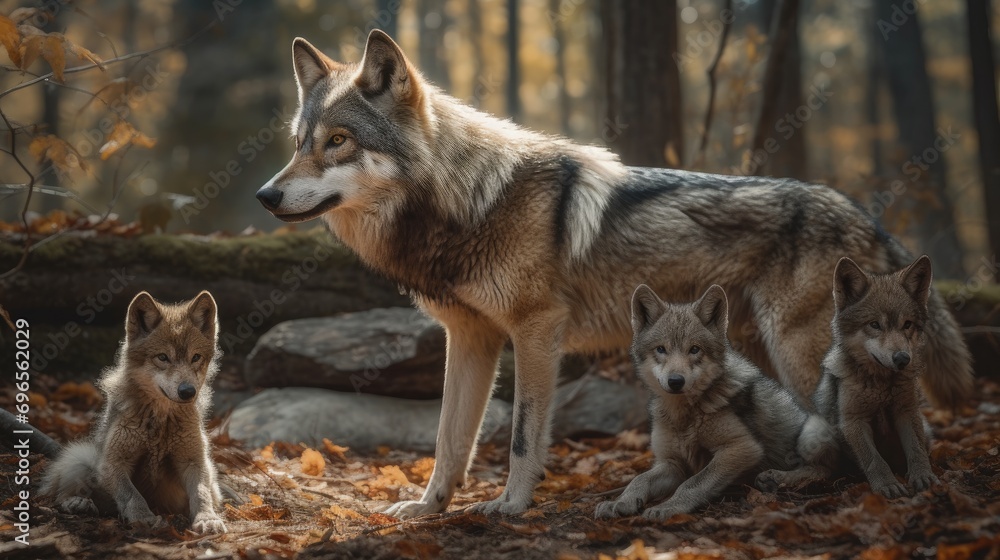 Wolf Pack Odyssey in Search of Prey in the Forest