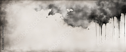 Black white grunge background with copy space for design. Hand drawn watercolor texture. It looks like the surface of a concrete wall. Wide banner. Dirty dusty distressed backdrop.