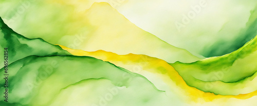 Contemporary abstract art backdrop. Vibrant hand painted watercolor. Artful yellow and green backdrop with room for creativity. Spacious banner.