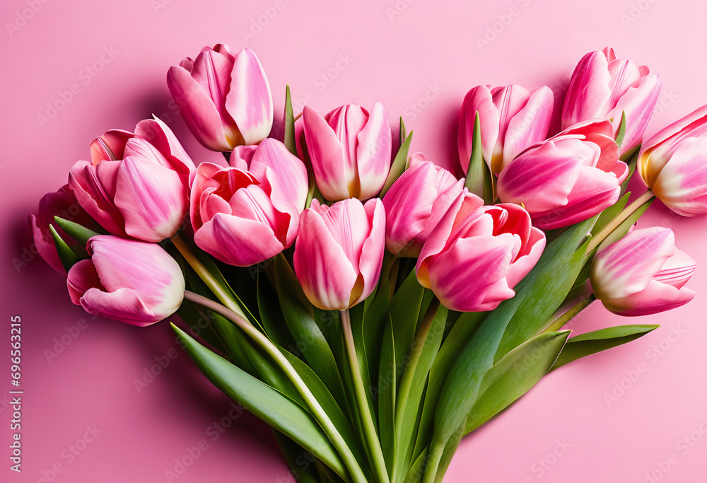 Fototapeta premium Bouquet of Pink Tulips on a Pastel Background. Ideal for Valentine's Day, Easter, Birthdays, Women's Day, and Mother's Day. Flat Lay, Top View, with Copy Space.