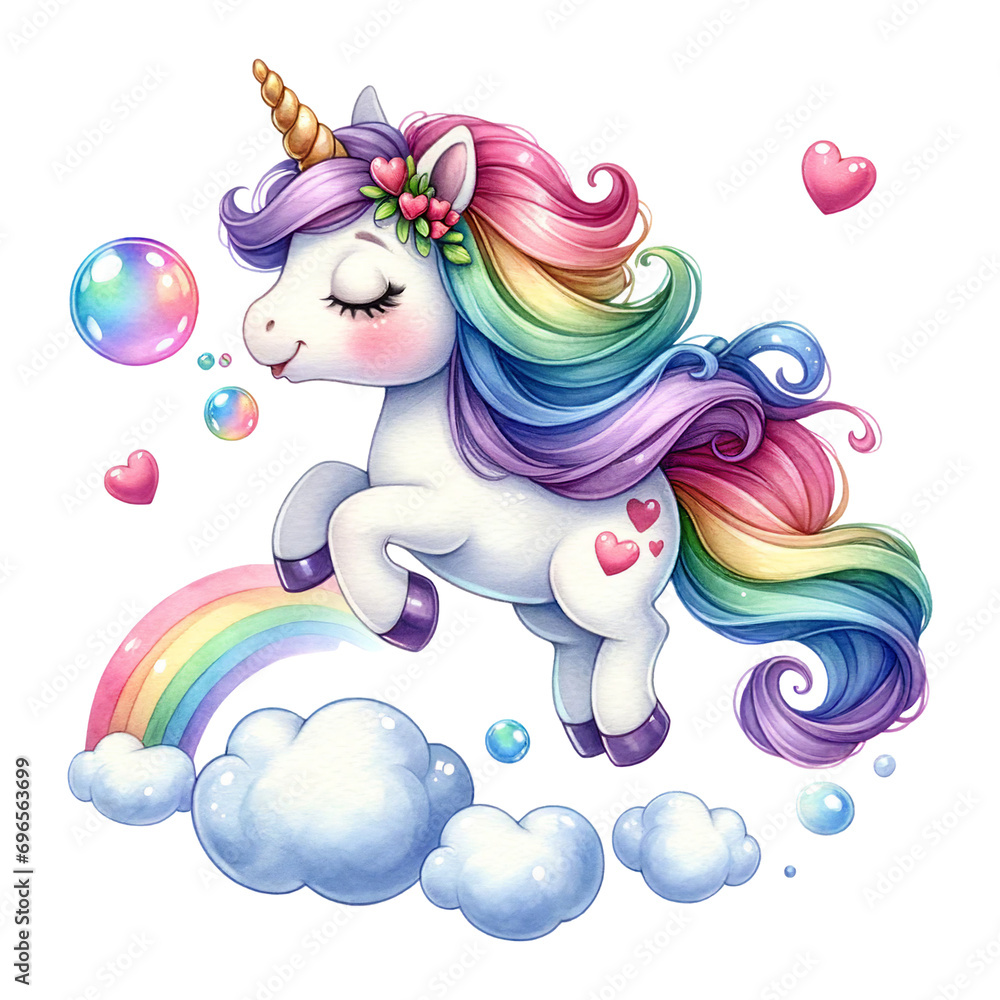 Unicorn on a cloud with a rainbow and bubbles