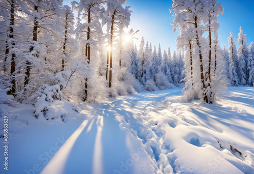 Snowy Forest Path with Frozen Trees on Blue Sky Background