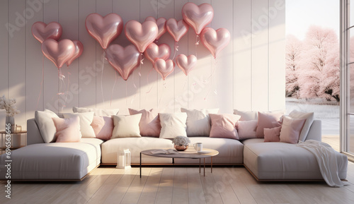 salón moderno decorado con mesa de madera con jarrón y  gran sofá con cojines junto a mesita y jarrón con flores y ventana lateral, sobre fondo de pared decorada con globos rosas con forma de corazón photo