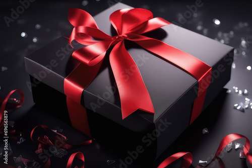 Black gifts box with red bows on a dark background.Black Friday super sale banner. Generative AI