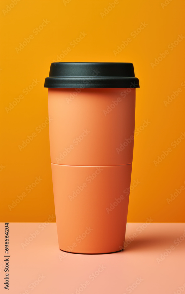 Tall peach-colored coffee cup with a black lid on a vibrant yellow background, highlighting a modern grab-and-go lifestyle. Tall peach-colored coffee cup with a black lid on a vibrant yellow background, highlighting a modern grab-and-go lifestyle.