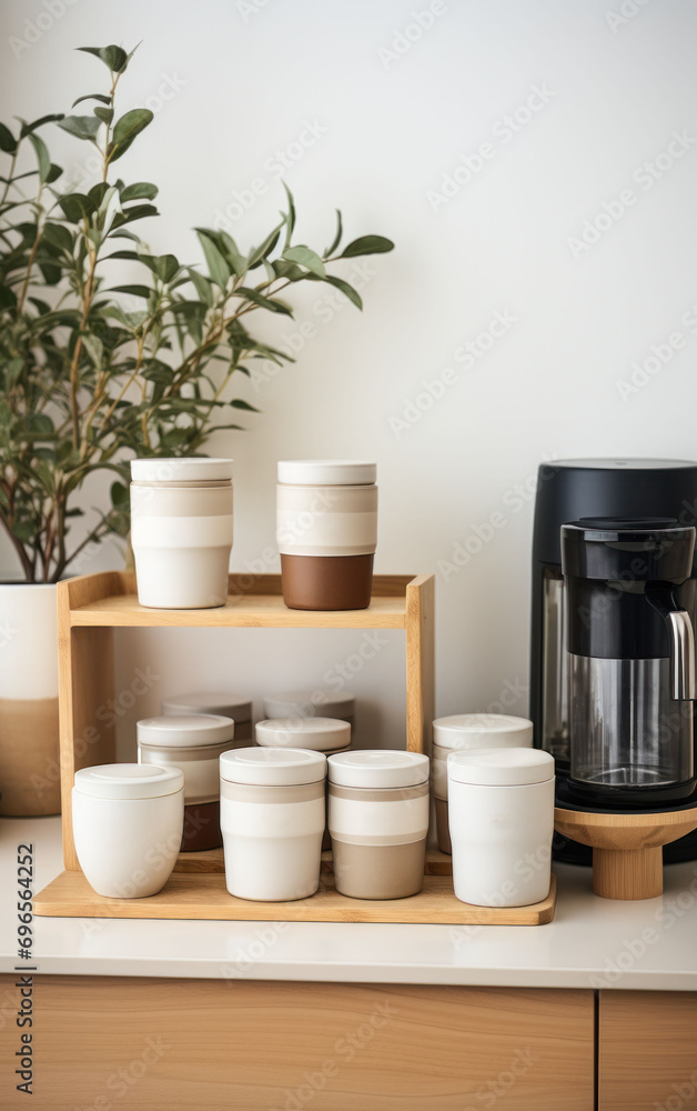 Coffee and tea cups neatly arranged on wooden shelves, highlighting a clean and organized kitchen space Coffee and tea cups neatly arranged on wooden shelves, highlighting a clean and organized kitchen space
