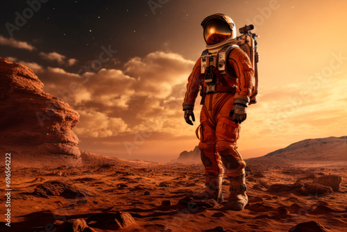 man in a spacesuit on the planet mars. Conquest of Mars. flight to Mars.