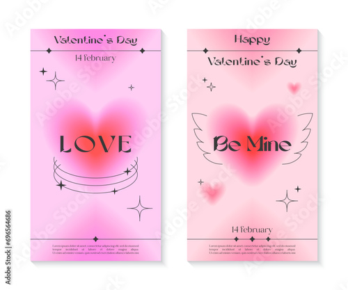 Valentines Day greeting banner templates in 90s style.Romantic vector illustrations in y2k aesthetic with linear shapes,blurred hearts,sparkles.Modern designs for smm,invitations,prints,promo offers.