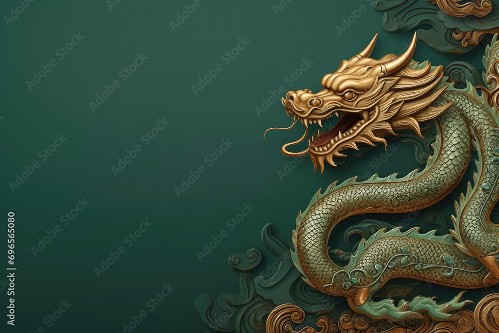 Chinese green wood dragon symbol of happy new year 2024 on green background with space for text Chinese green wood dragon symbol of happy new year 2024 on green background with space for text