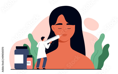 Lip filler injection concept. Doctor making an injection filler with hyaluronic acid into woman 's lips. Lip enhancement cosmetic procedure. Appearance changes. Isolated vector illustration in cartoon