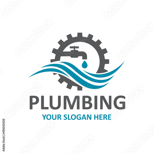 plumbing service icon with gear and water faucet isolated on white background