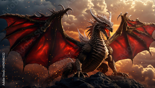 An aggressive red dragon on a mountain top.